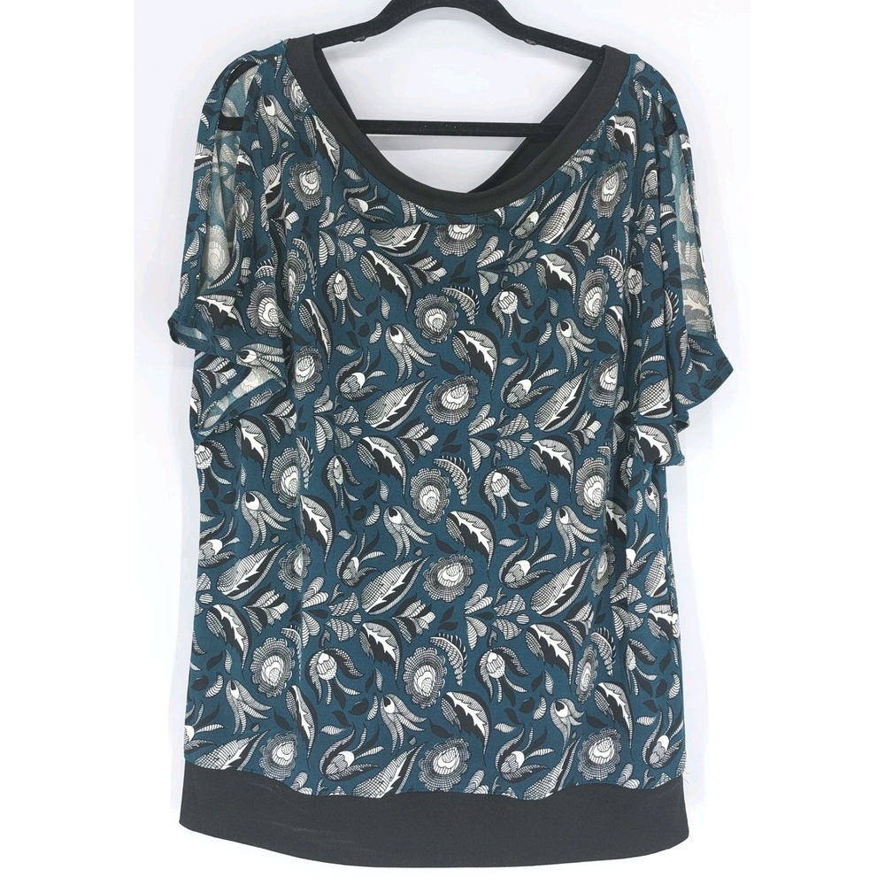 Cato‎ Cold Shoulder Top Wms Med White Green Black Short Flutter Sleeve Polyester